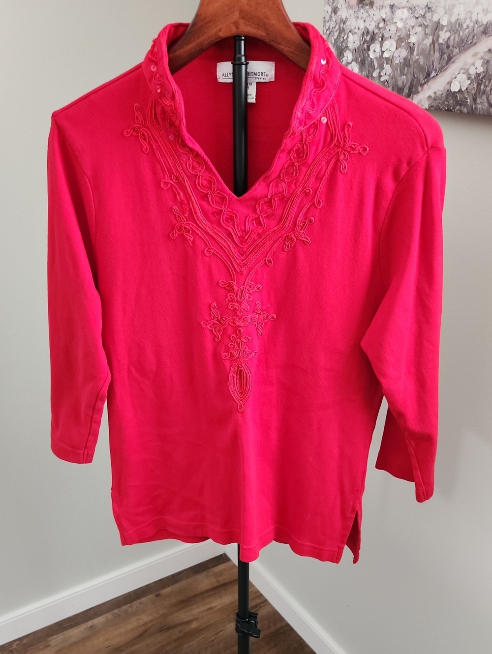 Allyson Whitmore Red Women's V-Neck, 3/4 Sleeve Knit Top Size PM
